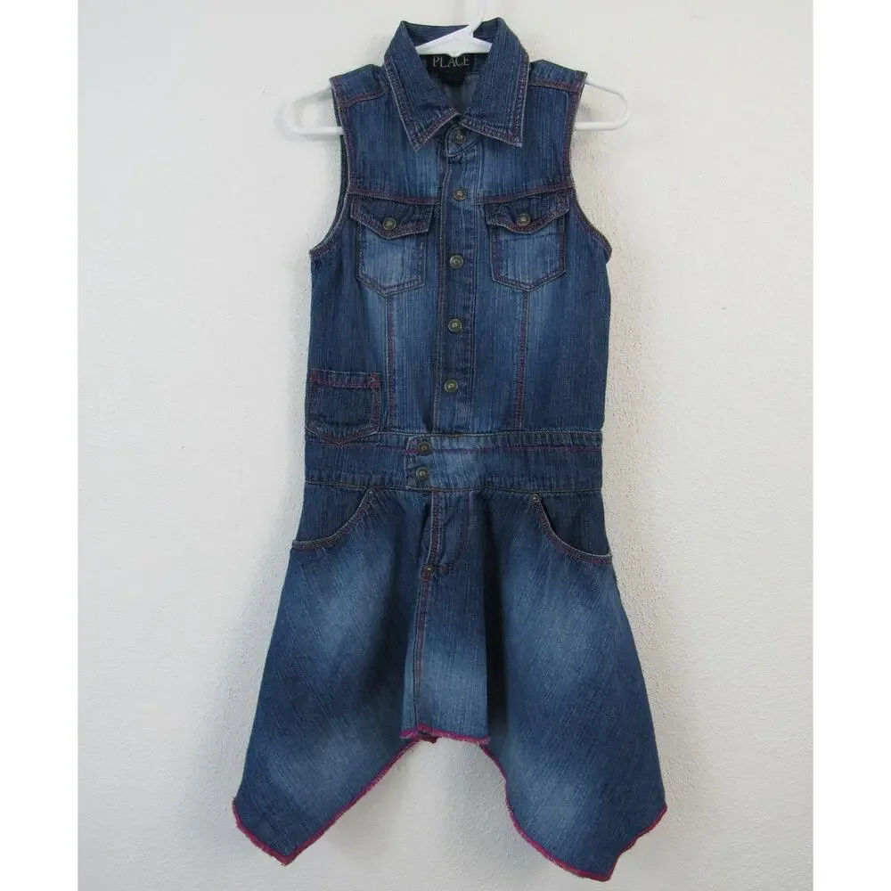 Children's Place Size 4 Denim Dress Asymetrical Hem Collared Shirt Dress Jean - Picture 1 of 4